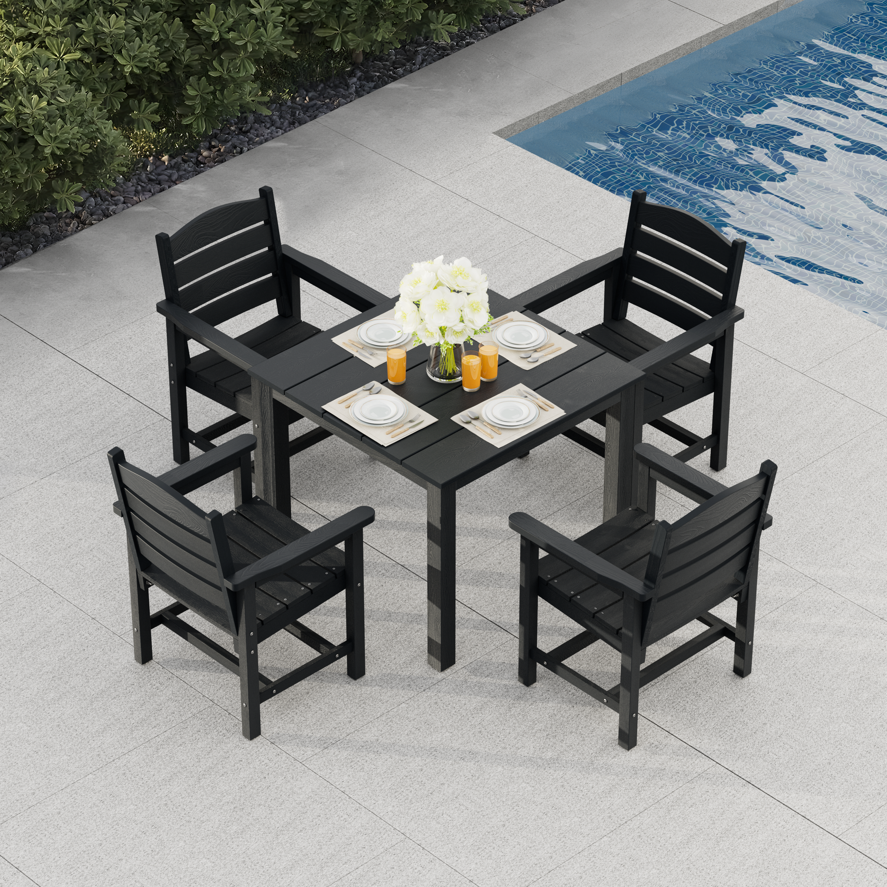 Modern HDPE Patio Dining Set, Poly Lumber Table and Chair, with Umbrella Hole, Weather Resistant, for Outdoor, Yard, Lawn (Black, 5 Piece - 36.2'' Table)