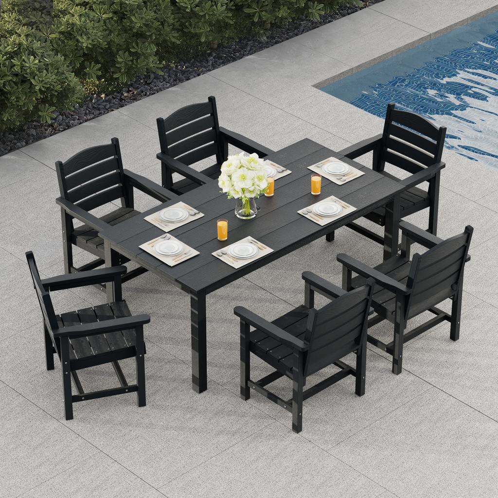 Modern HDPE Patio Dining Set, Poly Lumber Table and Chair, with Umbrella Hole, Weather Resistant, for Outdoor, Yard, Lawn (7 Piece, Black)