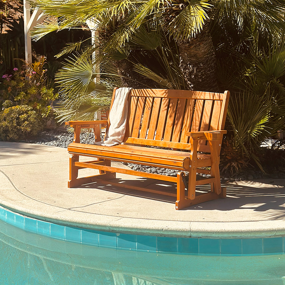 Fortune Candy Patio Glider, with Cup Holders, High Back and Deep Contoured Seat, Heavy Duty 800 Lb (Teak Tone, 3-Seater)