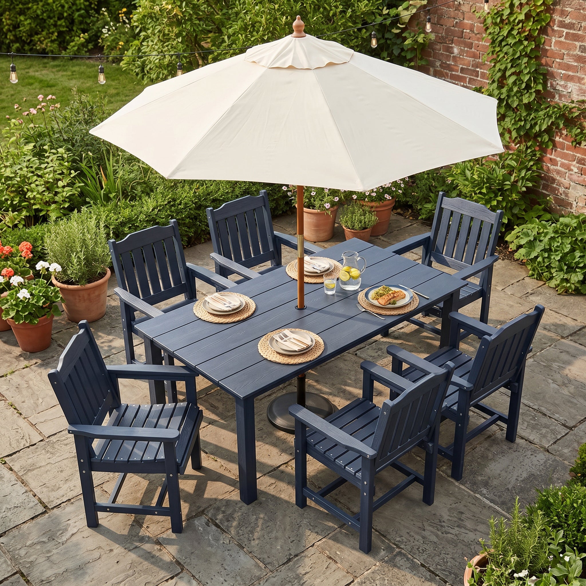 Poly Lumber Patio Dining Chair Set of Two, HIPS Outdoor Dining Chairs, Weather Resistant, Slat Back (2 Piece, Navy Blue)