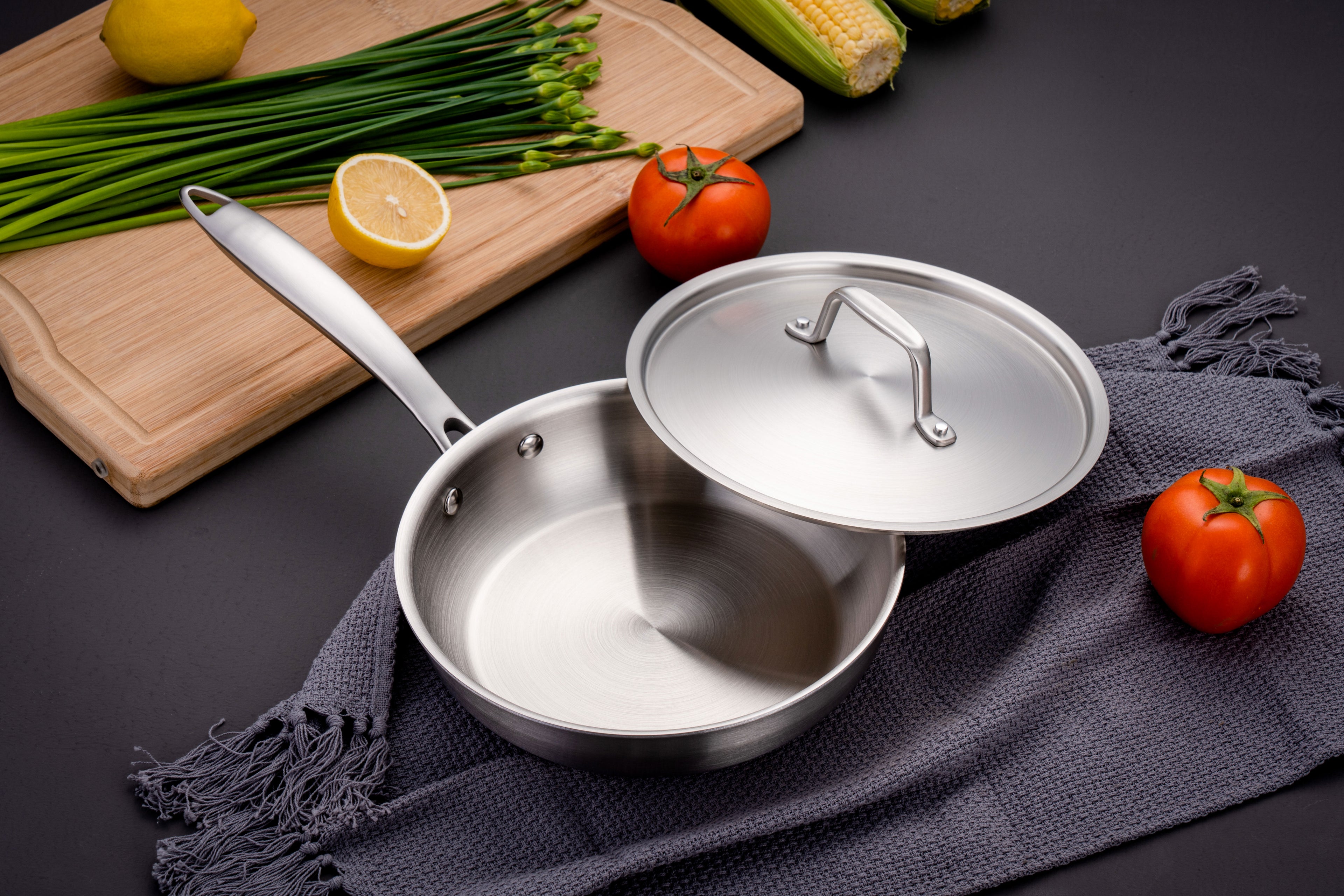 Fortune Candy 8-Inch Fry Pan with Lid, 3-ply, 18/8 Stainless Steel