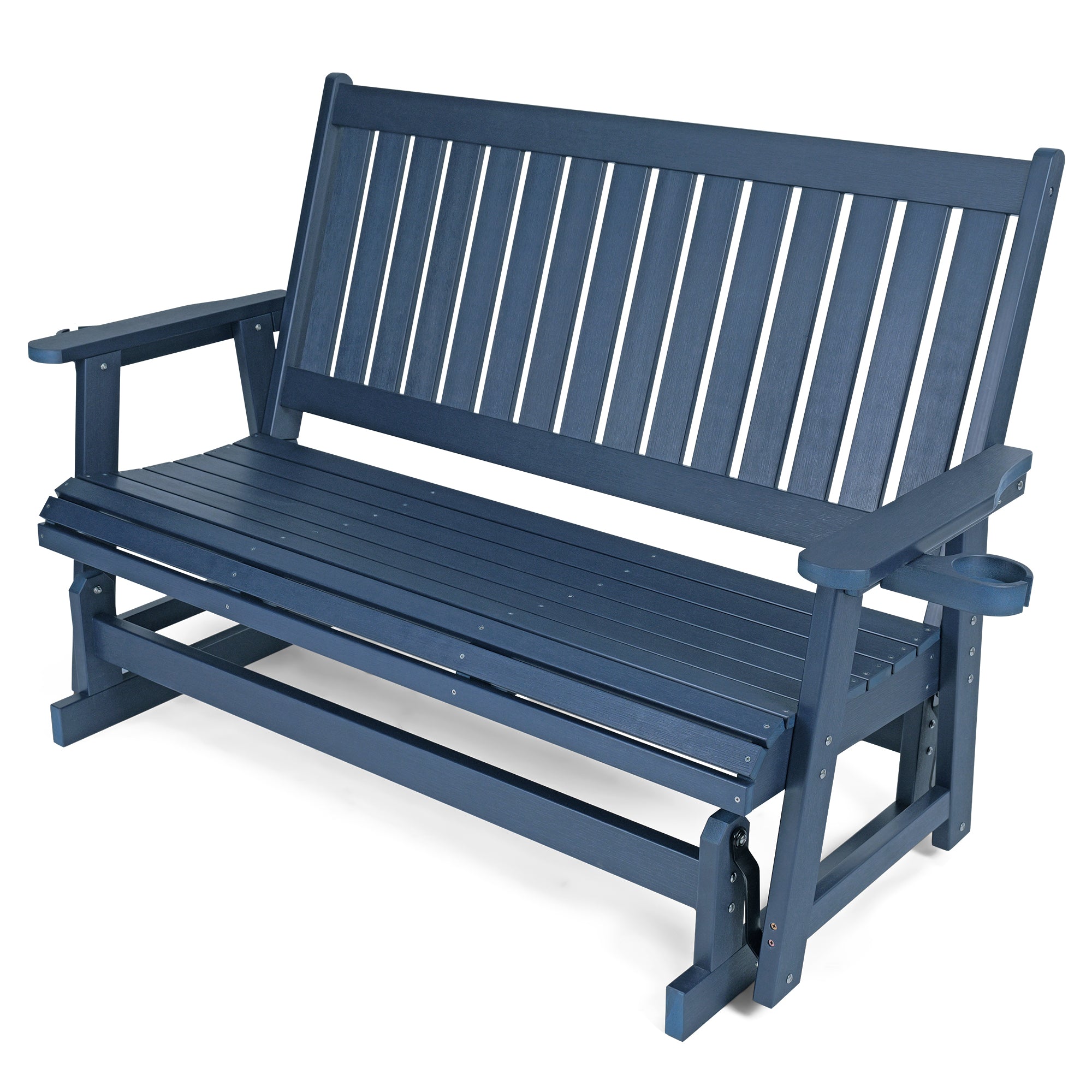HIPS Patio Glider with Cup Holders, Durable Poly Lumber Material, All-Weather Resistant, High Backrest and Deep Contoured Seat, Heavy Duty 900 LB, for Outdoor, Porch, Patio (Navy Blue, 3-Seat)