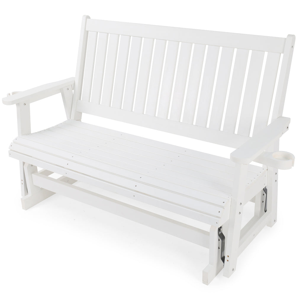 HIPS Patio Glider with Cup Holders, Durable Poly Lumber Material, All-Weather Resistant, High Backrest and Deep Contoured Seat, Heavy Duty 900 LB, for Outdoor, Porch, Patio (Ivory White, 3-Seat)