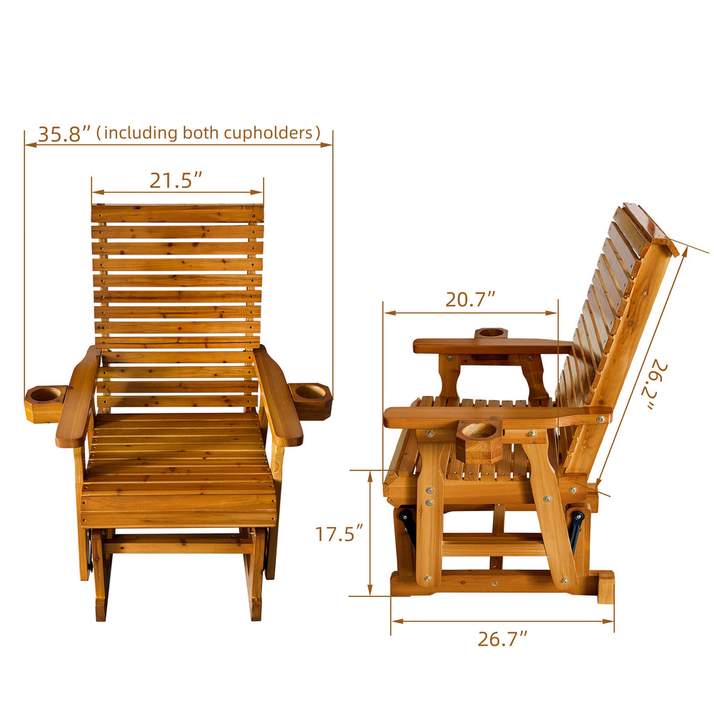 Patio Glider with Cup Holders, High Roll Back and Deep Contoured Seat,Heavy Duty 600 Lb (Warm Brown,  2 Pieces)
