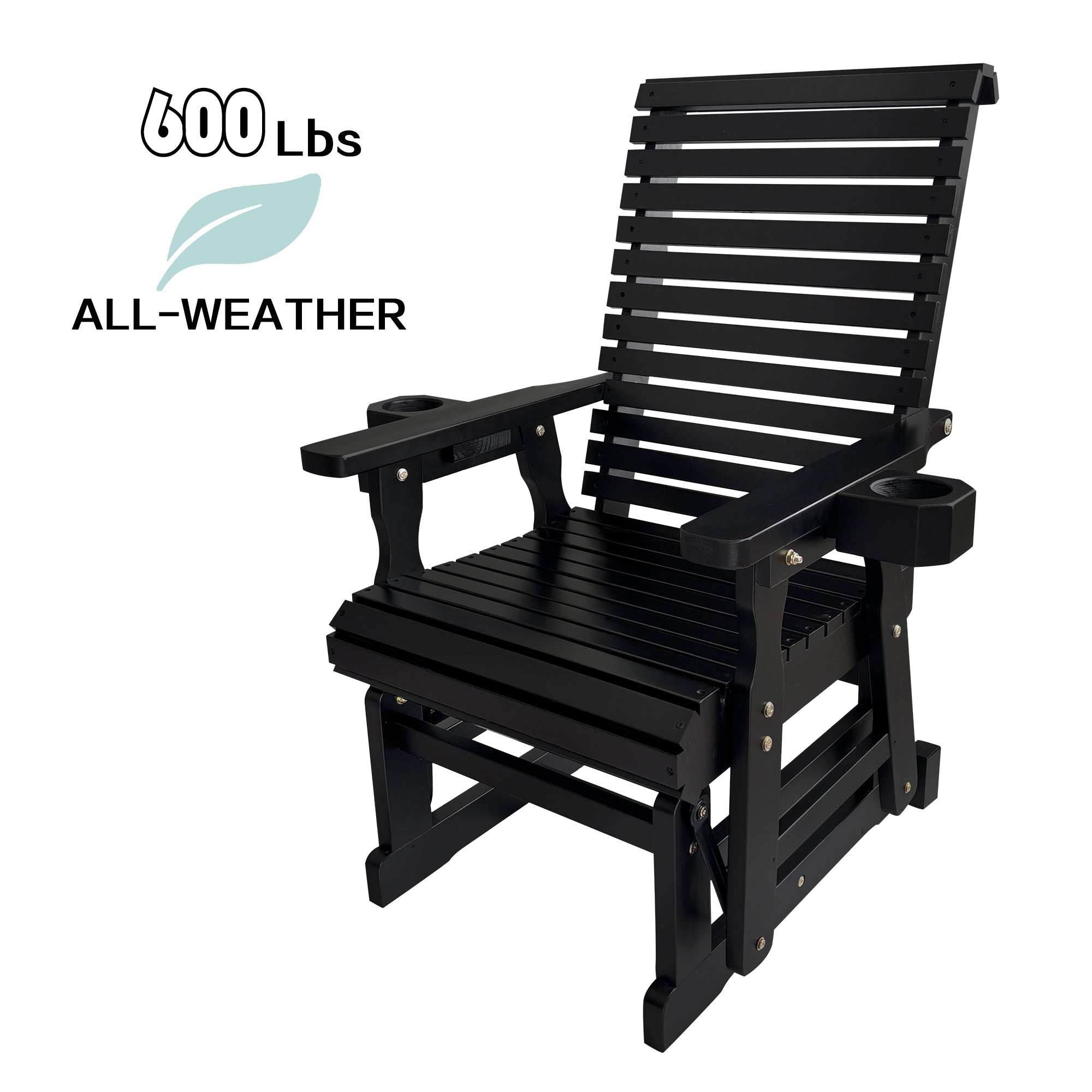 Wooden Patio Glider for One Person, with High Back and Deep Contoured Seat, Solid Fir Wood, Heavy Duty 600 LBS (Black, 1-Seater)