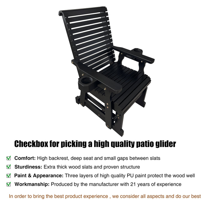 Wooden Patio Glider for One Person, with High Back and Deep Contoured Seat, Solid Fir Wood, Heavy Duty 600 LBS (Black, 1-Seater)