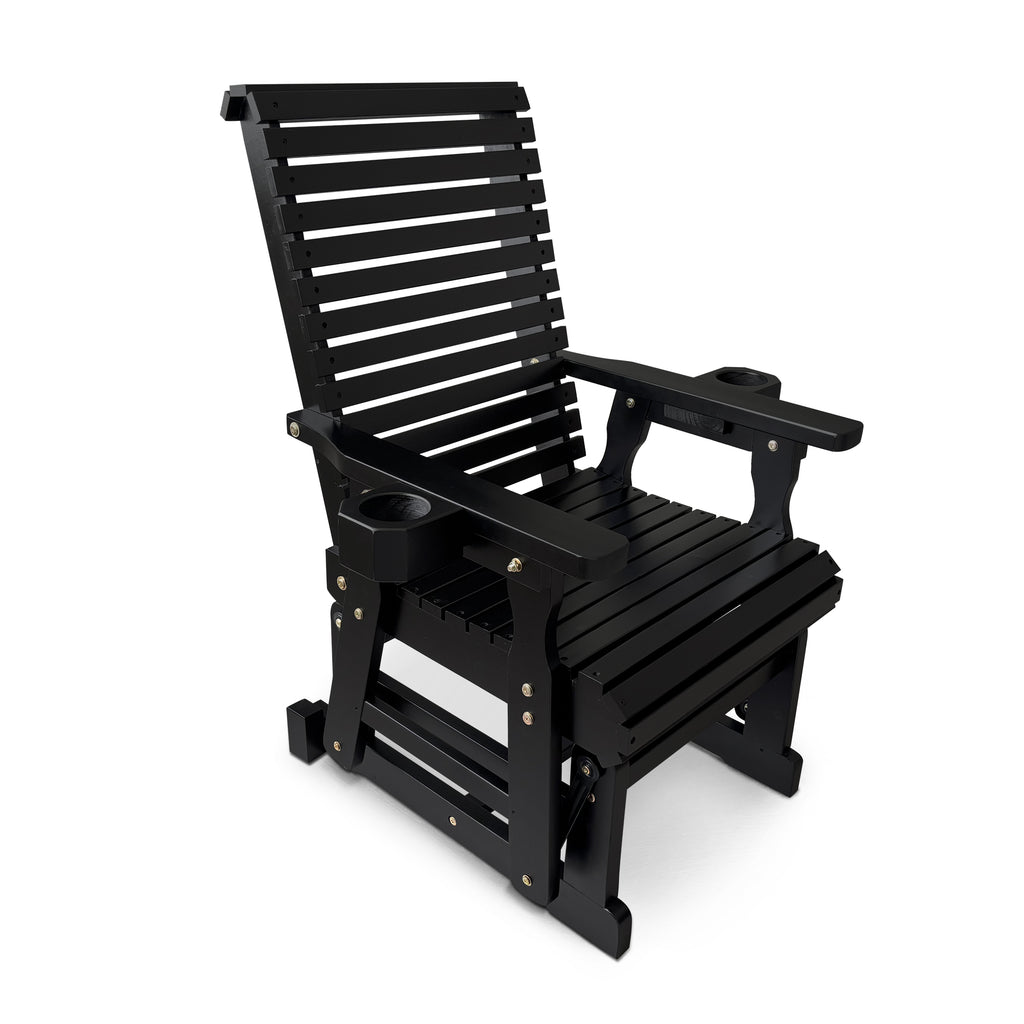 Wooden Patio Glider for One Person, with High Back and Deep Contoured Seat, Solid Fir Wood, Heavy Duty 600 LBS (Black, 1-Seater)