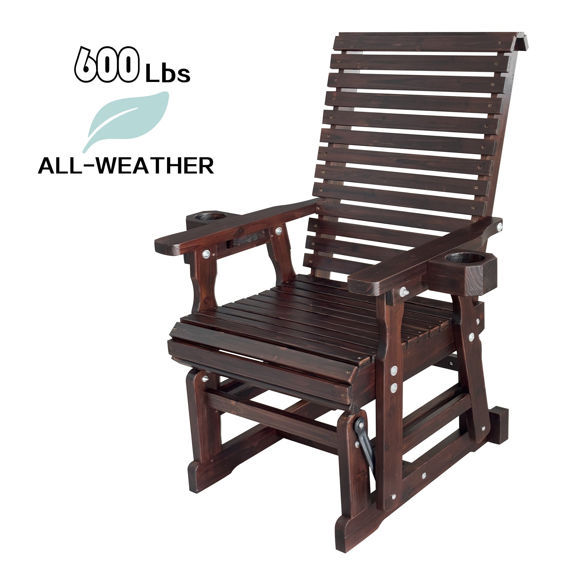 Wooden Patio Glider for One Person, with High Back and Deep Contoured Seat, Solid Fir Wood, Heavy Duty 600 LBS (Slat Back, Deep Brown)