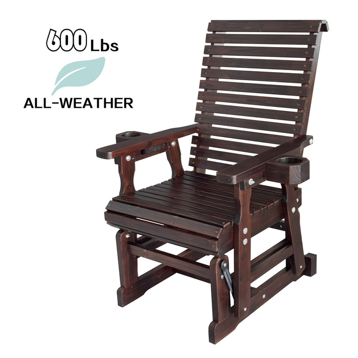 Wooden Patio Glider for One Person, with High Back and Deep Contoured Seat, Solid Fir Wood, Heavy Duty 600 LBS (Slat Back, Deep Brown)