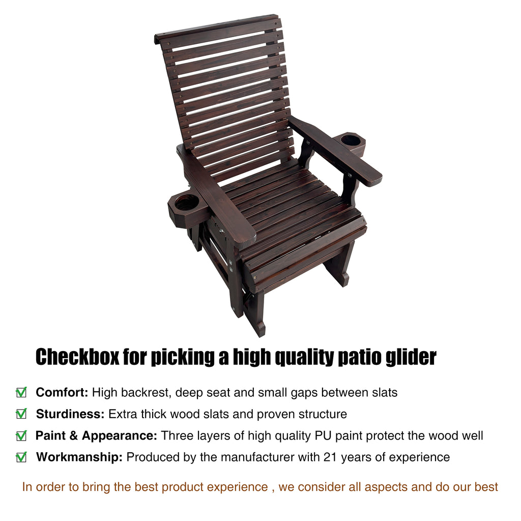 Wooden Patio Glider for One Person, with High Back and Deep Contoured Seat, Solid Fir Wood, Heavy Duty 600 LBS (Slat Back, Deep Brown)