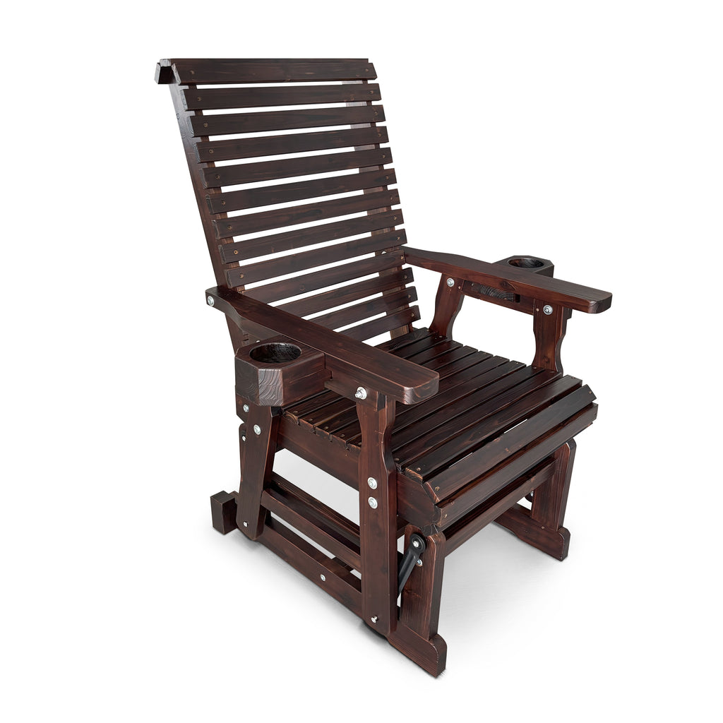 Wooden Patio Glider for One Person, with High Back and Deep Contoured Seat, Solid Fir Wood, Heavy Duty 600 LBS (Slat Back, Deep Brown)