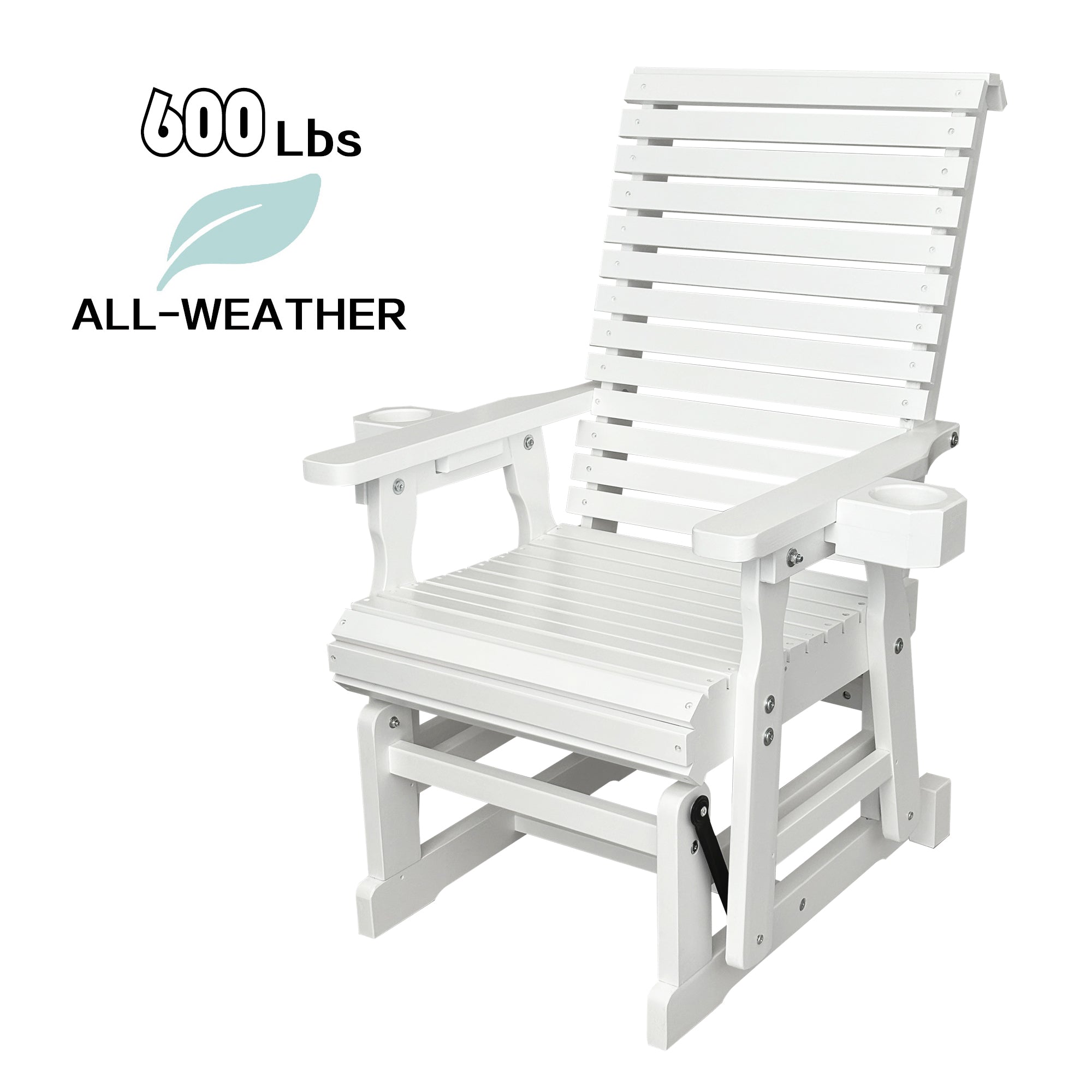 Wooden Patio Glider for One Person, with High Backrest and Deep Contoured Seat, Solid Fir Wood, Heavy Duty 600 LBS (White, 1-Seater)