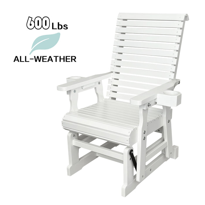 Wooden Patio Glider for One Person, with High Backrest and Deep Contoured Seat, Solid Fir Wood, Heavy Duty 600 LBS (White, 1-Seater)