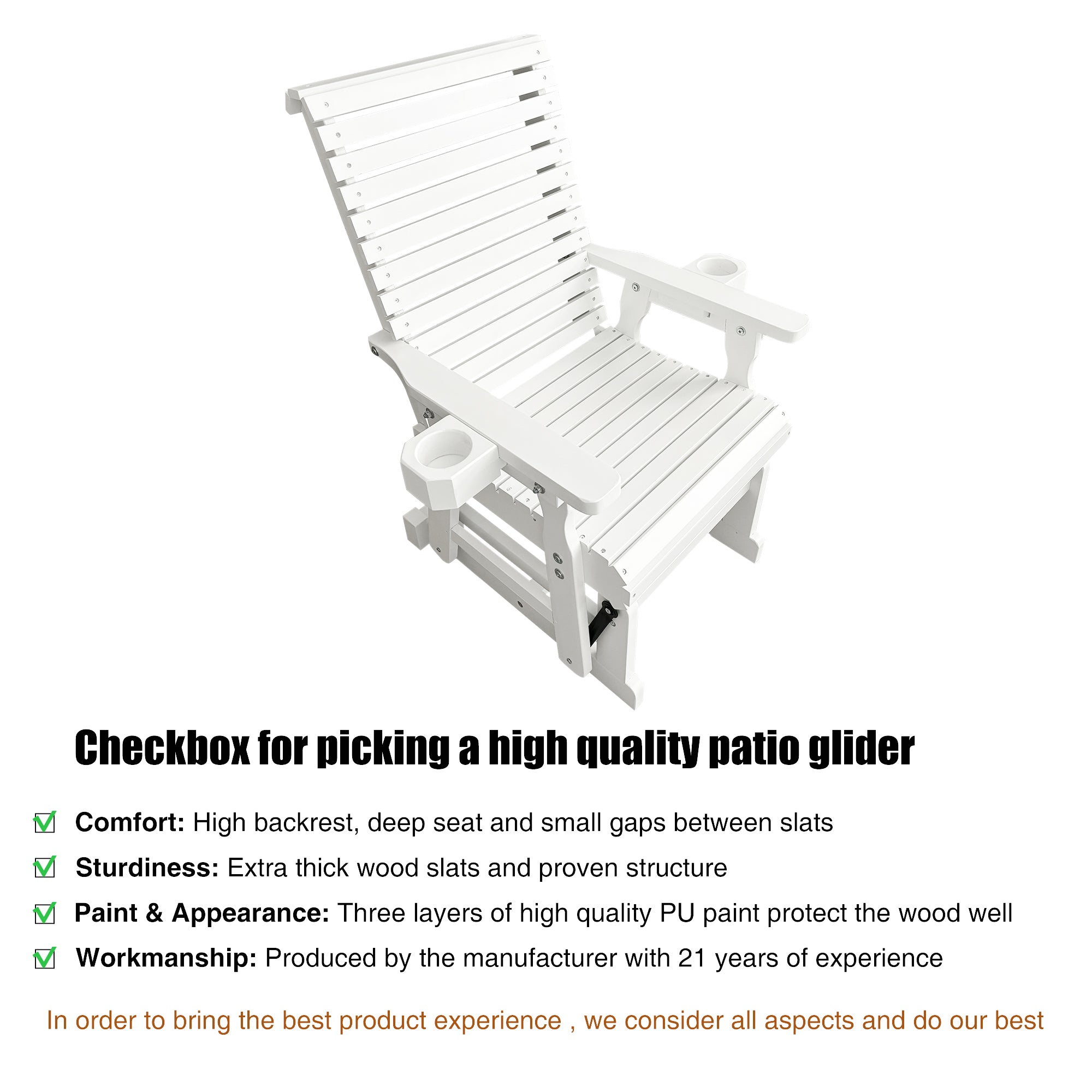 Wooden Patio Glider for One Person, with High Backrest and Deep Contoured Seat, Solid Fir Wood, Heavy Duty 600 LBS (White, 1-Seater)