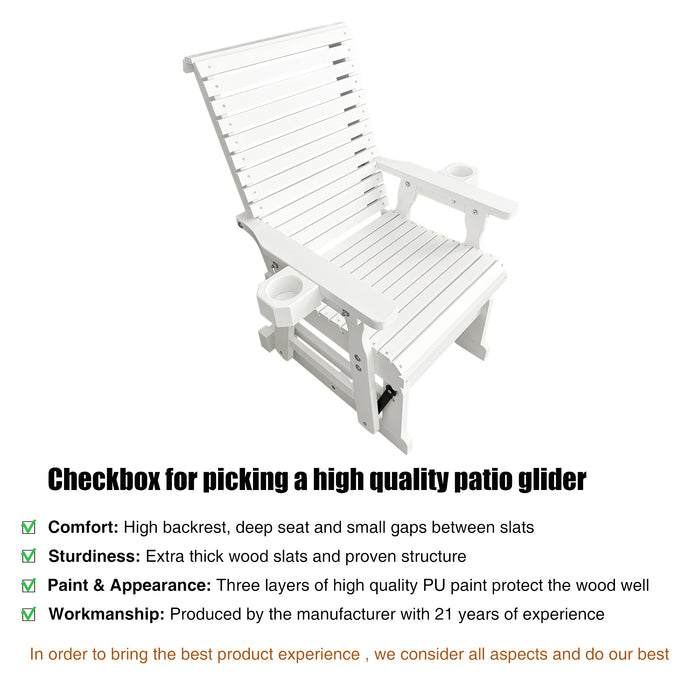 Wooden Patio Glider for One Person, with High Backrest and Deep Contoured Seat, Solid Fir Wood, Heavy Duty 600 LBS (White, 1-Seater)