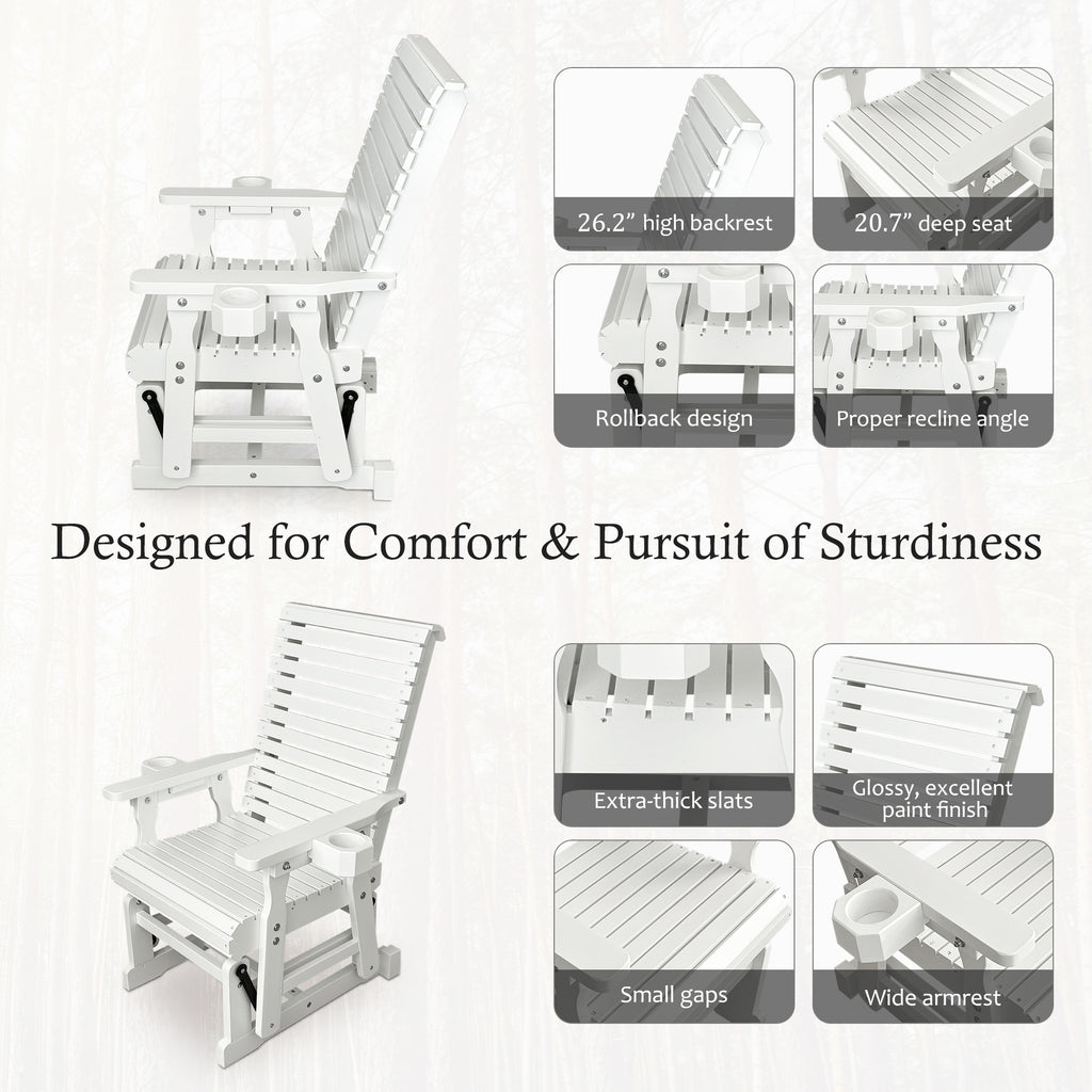 Wooden Patio Glider for One Person, with High Backrest and Deep Contoured Seat, Solid Fir Wood, Heavy Duty 600 LBS (White, 1-Seater)