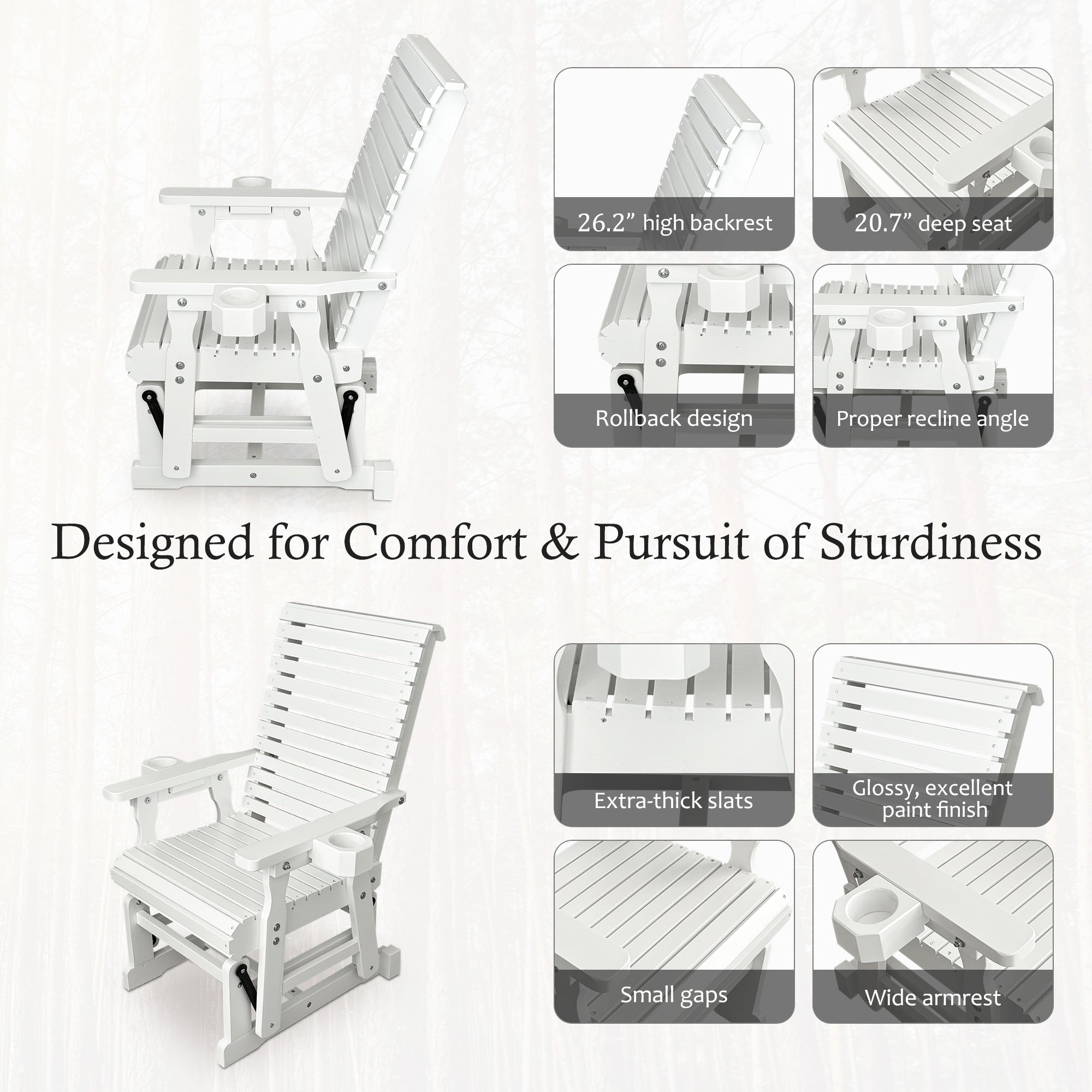 Wooden Patio Glider for One Person, with High Backrest and Deep Contoured Seat, Solid Fir Wood, Heavy Duty 600 LBS (White, 1-Seater)