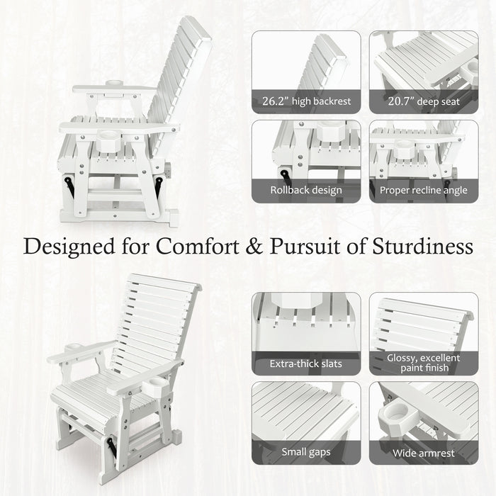 Wooden Patio Glider for One Person, with High Backrest and Deep Contoured Seat, Solid Fir Wood, Heavy Duty 600 LBS (White, 1-Seater)
