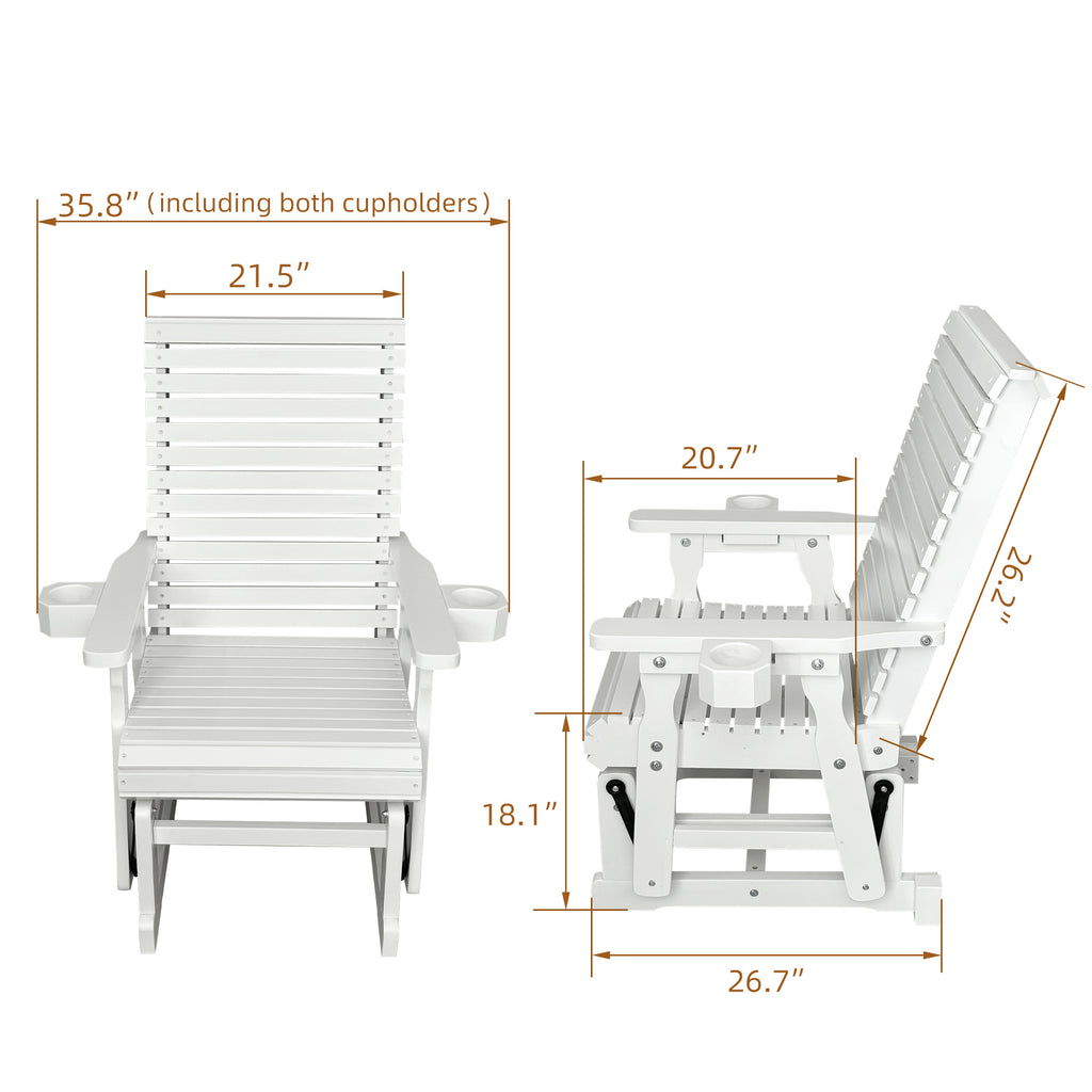 Wooden Patio Glider for One Person, with High Backrest and Deep Contoured Seat, Solid Fir Wood, Heavy Duty 600 LBS (White, 1-Seater)