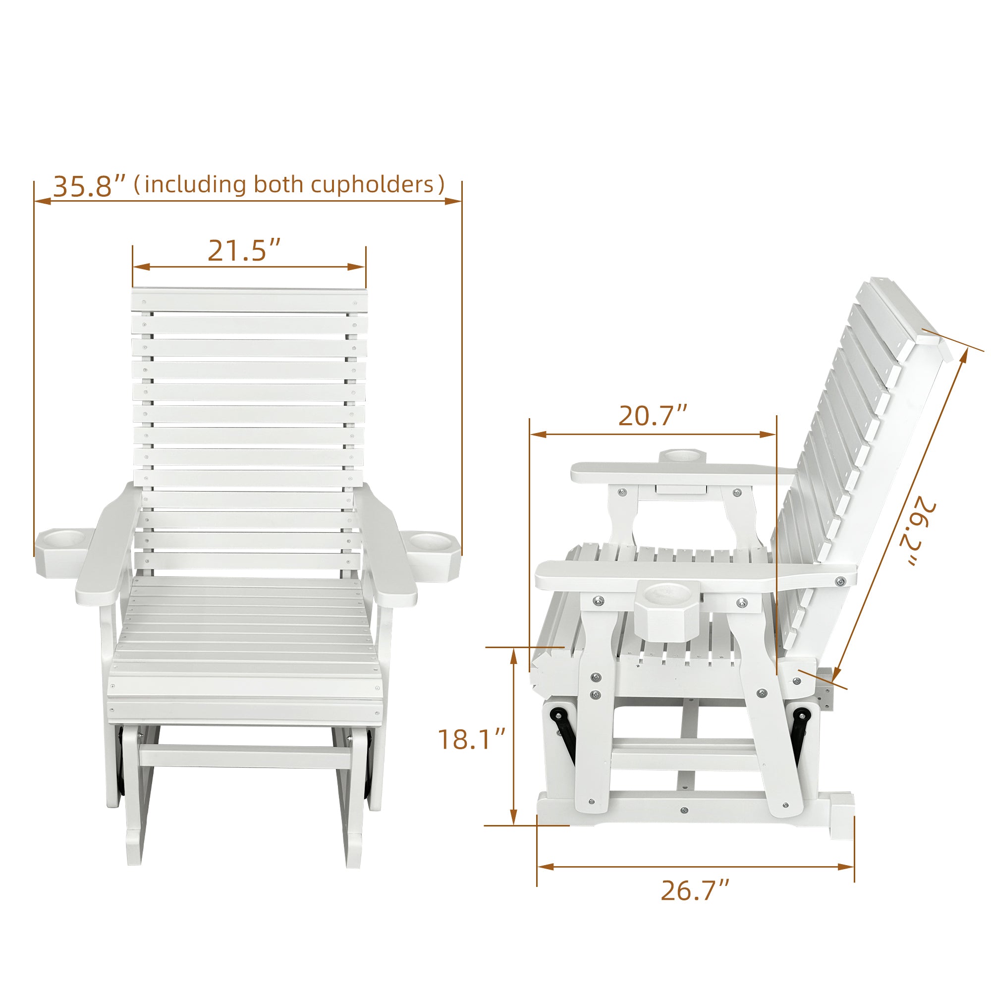Wooden Patio Glider for One Person, with High Backrest and Deep Contoured Seat, Solid Fir Wood, Heavy Duty 600 LBS (White, 1-Seater)