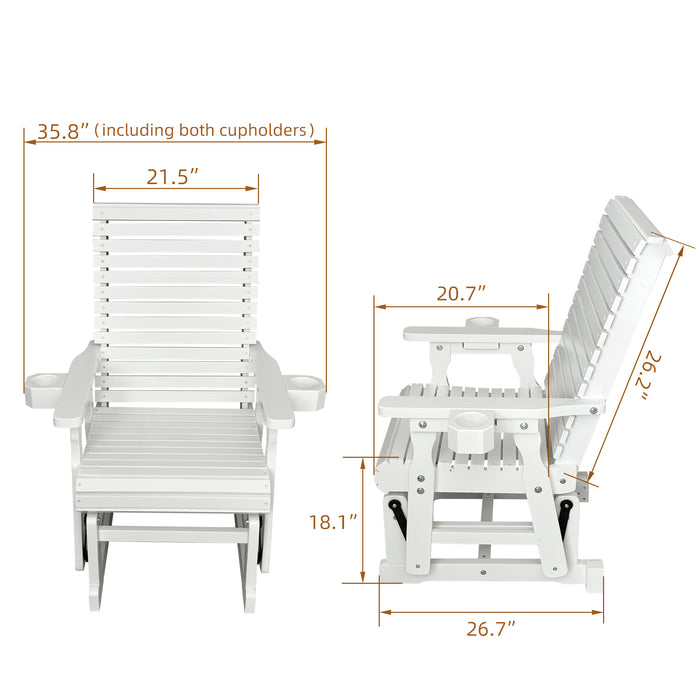 Wooden Patio Glider for One Person, with High Backrest and Deep Contoured Seat, Solid Fir Wood, Heavy Duty 600 LBS (White, 1-Seater)