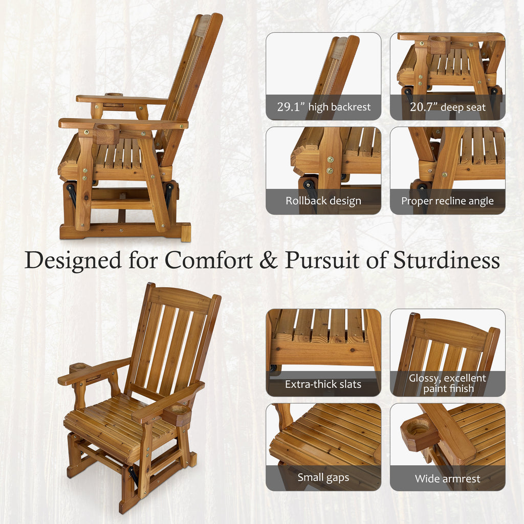 Fortune Candy Wooden Patio Glider for One Person, with High Back and Deep Contoured Seat, Solid Fir Wood, Heavy Duty 600 LBS (Teak Tone, 1-Seater)