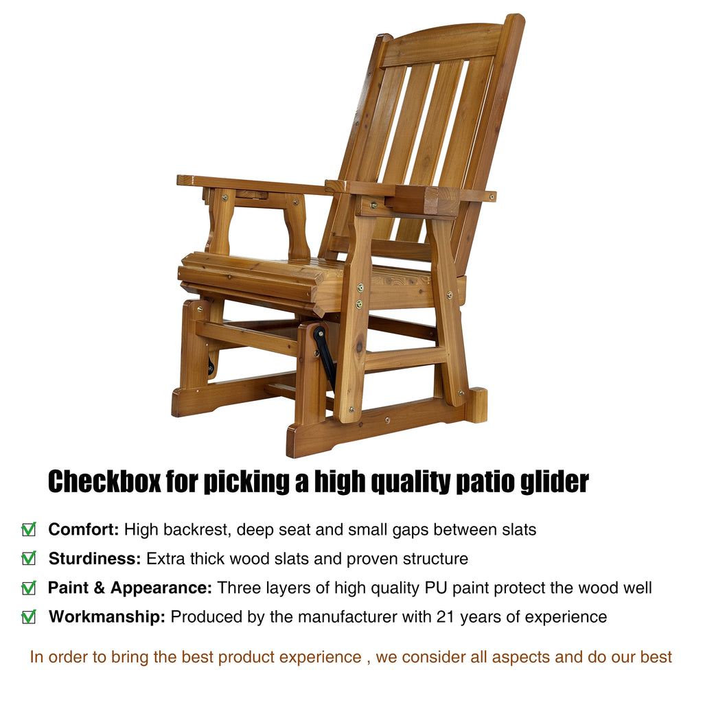Fortune Candy Wooden Patio Glider for One Person, with High Back and Deep Contoured Seat, Solid Fir Wood, Heavy Duty 600 LBS (Teak Tone, 1-Seater)