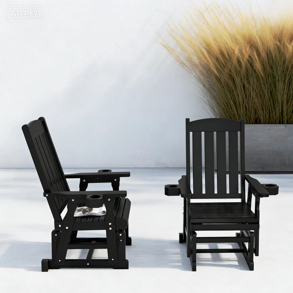 Wooden Patio Glider for One Person, with High Back and Deep Contoured Seat, Solid Fir Wood, Heavy Duty 600 LBS (Black,  2 Pieces)