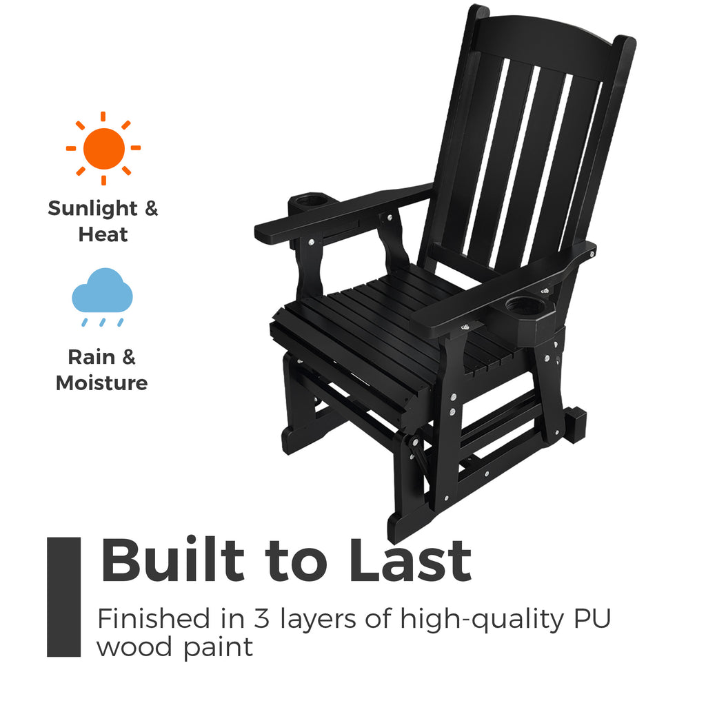 Wooden Patio Glider for One Person, with High Back and Deep Contoured Seat, Solid Fir Wood, Heavy Duty 600 LBS (Black,  2 Pieces)