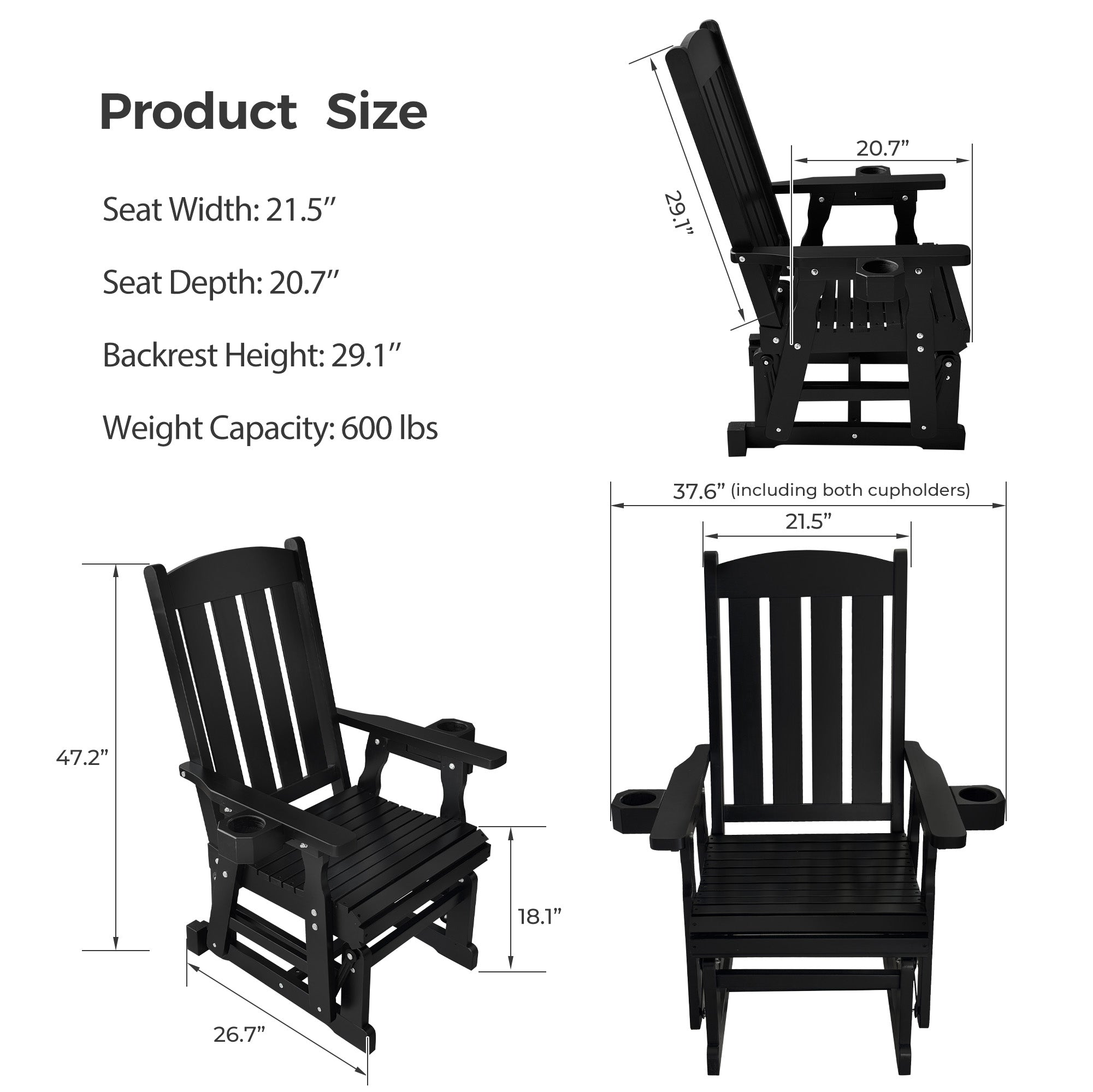 Wooden Patio Glider for One Person, with High Back and Deep Contoured Seat, Solid Fir Wood, Heavy Duty 600 LBS (Black,  2 Pieces)