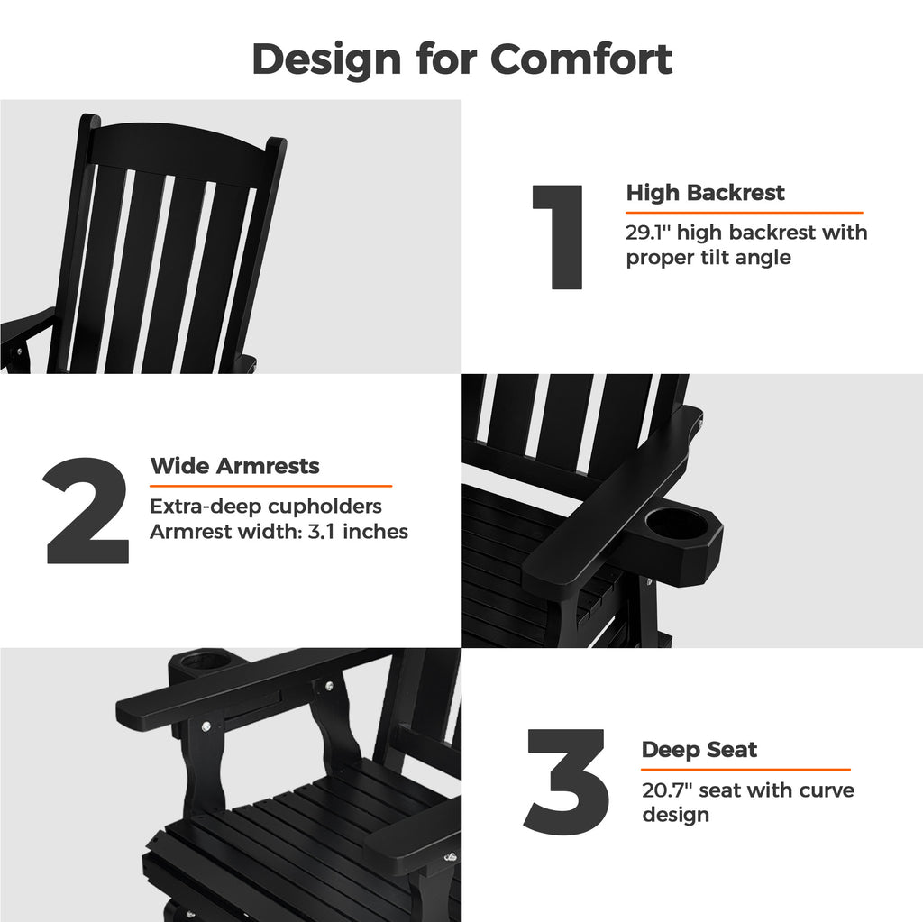 Wooden Patio Glider for One Person, with High Back and Deep Contoured Seat, Solid Fir Wood, Heavy Duty 600 LBS (Black,  2 Pieces)