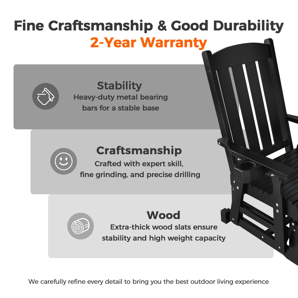 Wooden Patio Glider for One Person, with High Back and Deep Contoured Seat, Solid Fir Wood, Heavy Duty 600 LBS (Black,  2 Pieces)