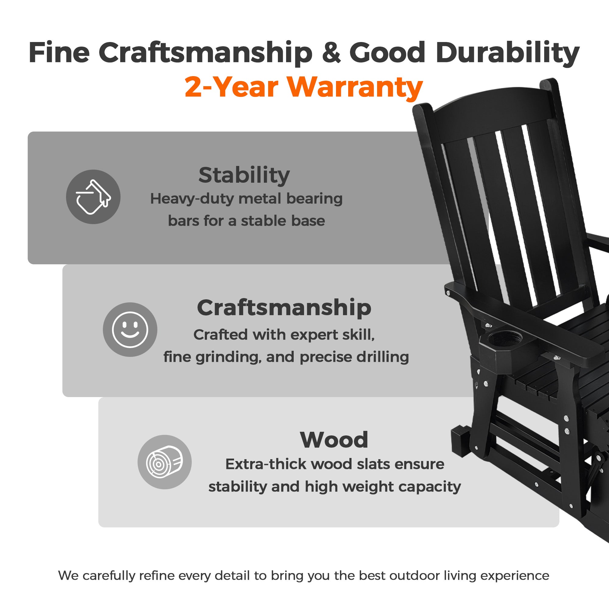 Wooden Patio Glider for One Person, with High Back and Deep Contoured Seat, Solid Fir Wood, Heavy Duty 600 LBS (Black,  2 Pieces)