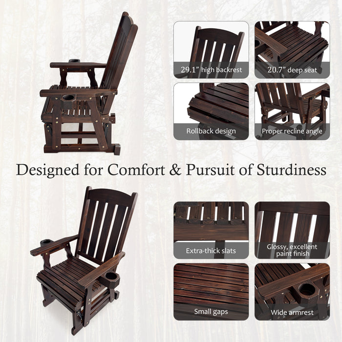 Wooden Patio Glider for One Person, with High Back and Deep Contoured Seat, Solid Fir Wood, Heavy Duty 600 LBS (Slat Back, Deep Brown)