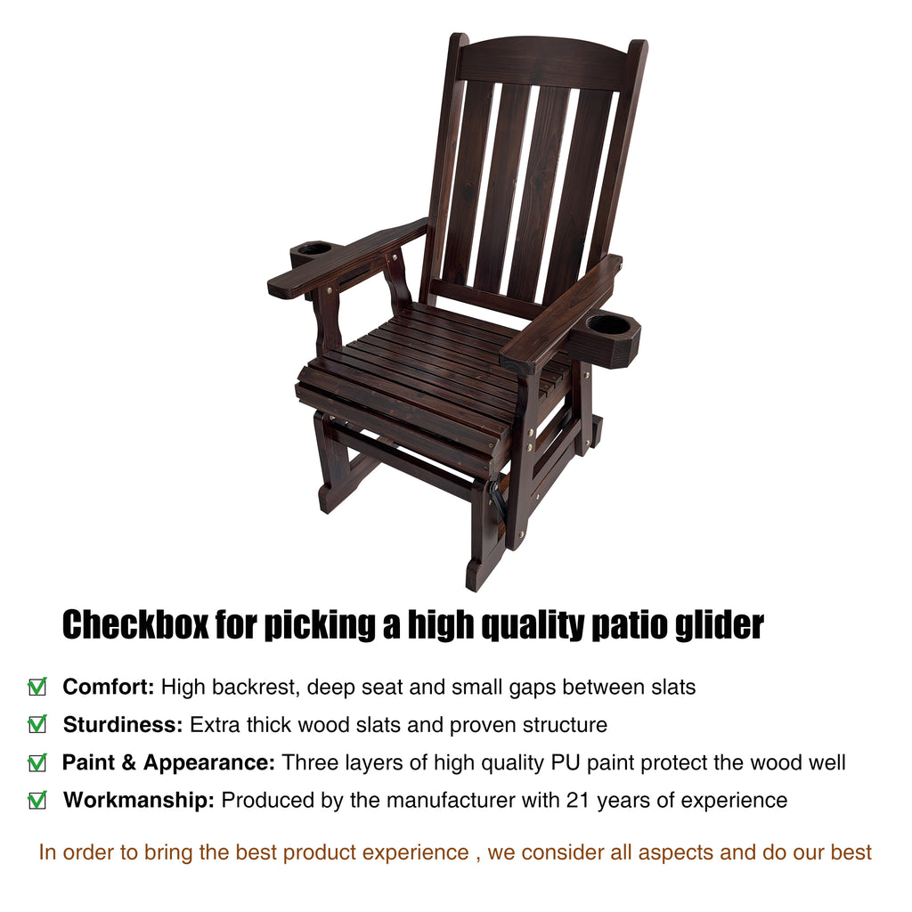 Wooden Patio Glider for One Person, with High Back and Deep Contoured Seat, Solid Fir Wood, Heavy Duty 600 LBS (Slat Back, Deep Brown)