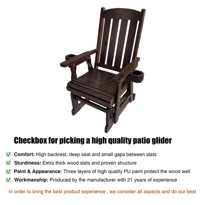 Wooden Patio Glider for One Person, with High Back and Deep Contoured Seat, Solid Fir Wood, Heavy Duty 600 LBS (Slat Back, Deep Brown)