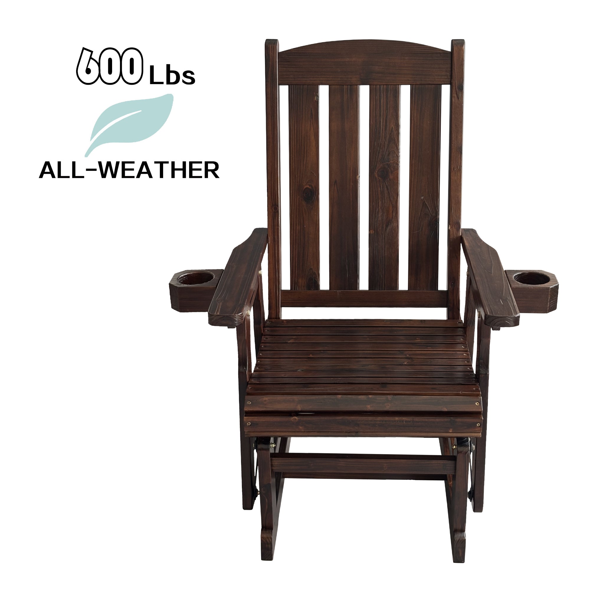 Wooden Patio Glider for One Person, with High Back and Deep Contoured Seat, Solid Fir Wood, Heavy Duty 600 LBS (Slat Back, Deep Brown)