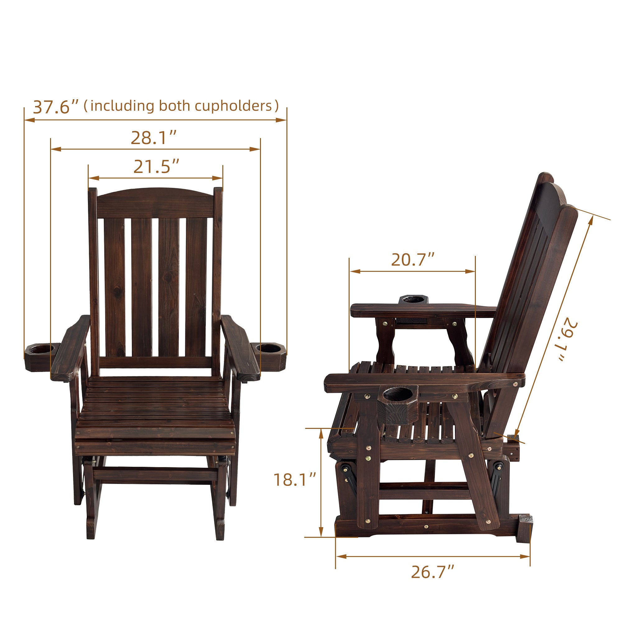 Wooden Patio Glider for One Person, with High Back and Deep Contoured Seat, Solid Fir Wood, Heavy Duty 600 LBS (Slat Back, Deep Brown)