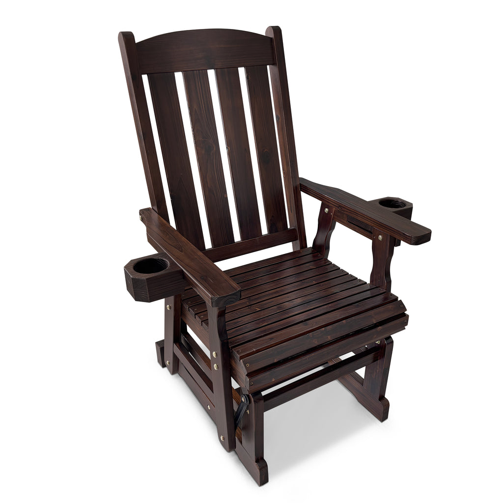 Wooden Patio Glider for One Person, with High Back and Deep Contoured Seat, Solid Fir Wood, Heavy Duty 600 LBS (Slat Back, Deep Brown)