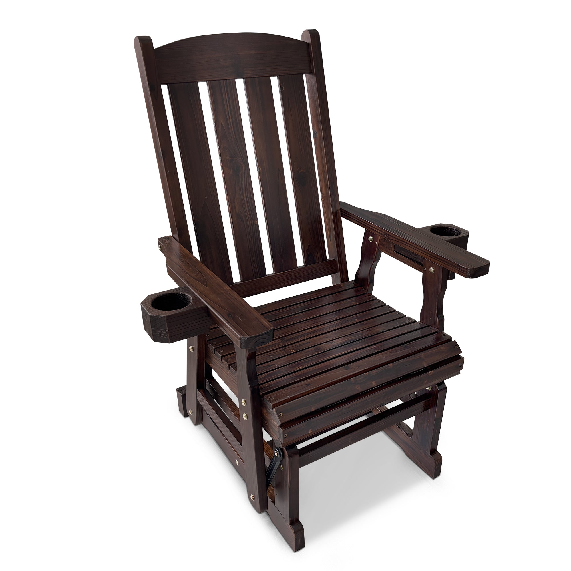 Wooden Patio Glider for One Person, with High Back and Deep Contoured Seat, Solid Fir Wood, Heavy Duty 600 LBS (Slat Back, Deep Brown)