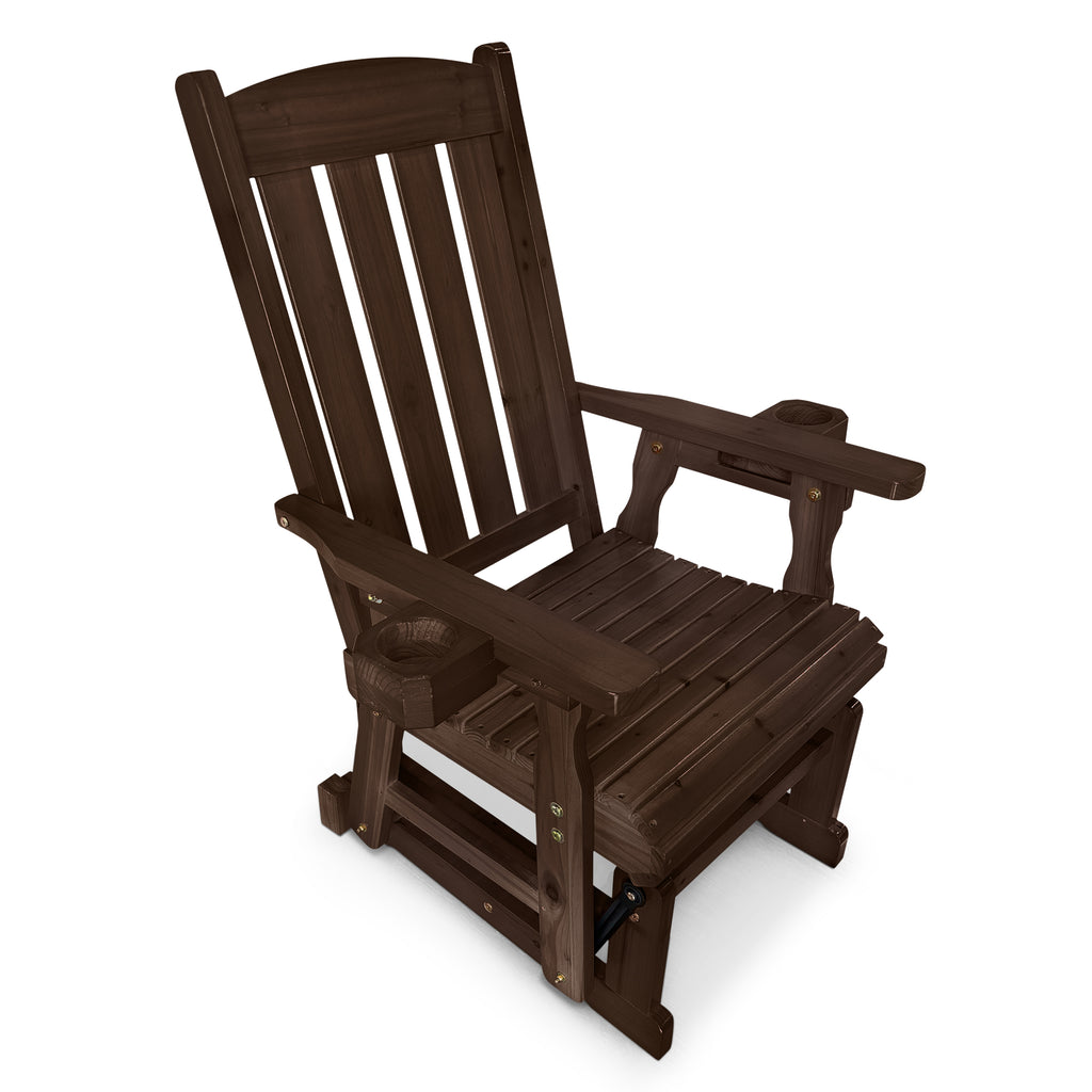 Wooden Patio Glider for One Person, with High Back and Deep Contoured Seat, Solid Fir Wood, Heavy Duty 600 LBS (Slat Back, Deep Brown)