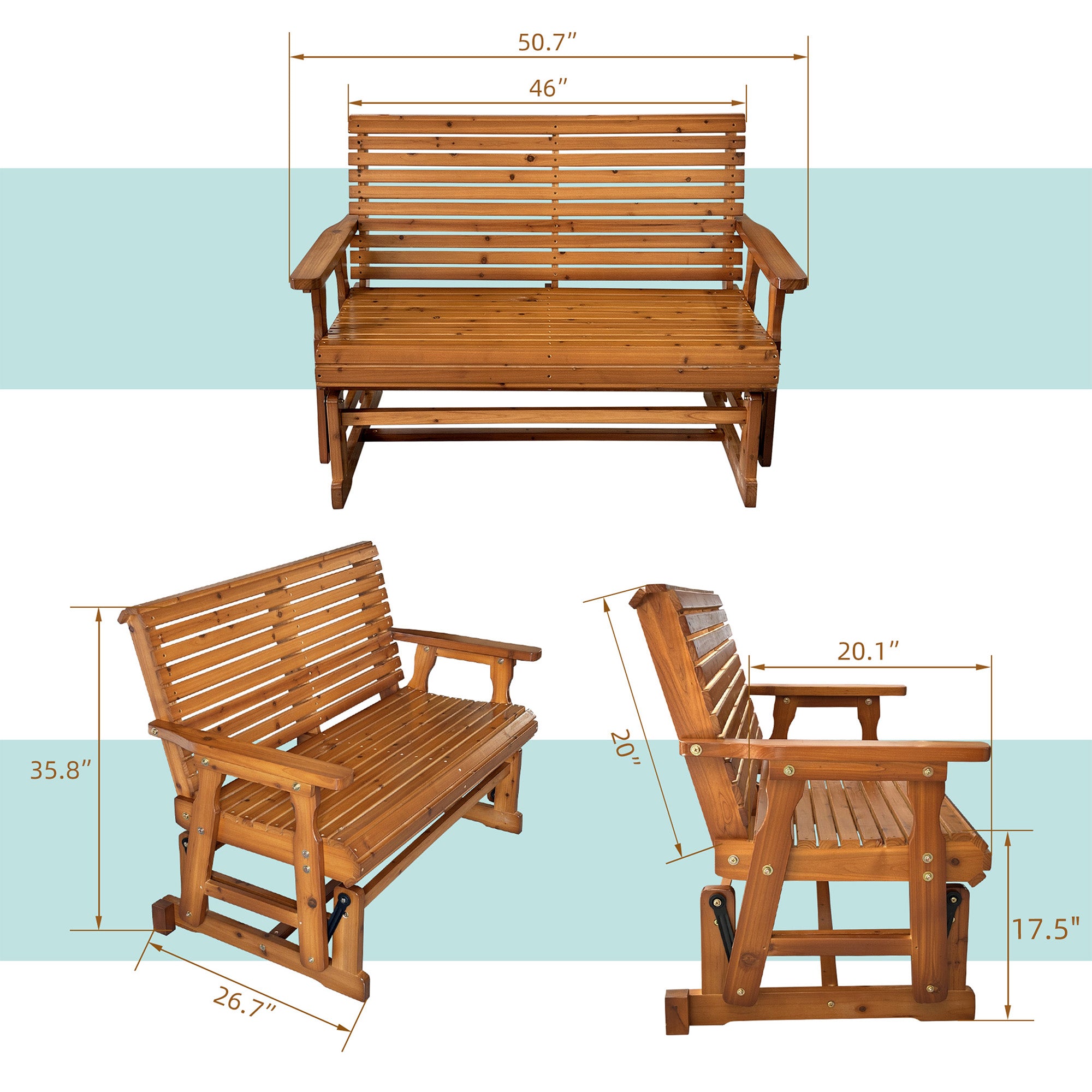 Wooden Patio Glider with High Roll Back and Deep Contoured Seat, Solid Fir Wood, 2-Seater, Heavy Duty 800 LBS, 4 Ft. (Cedar Tone PU)