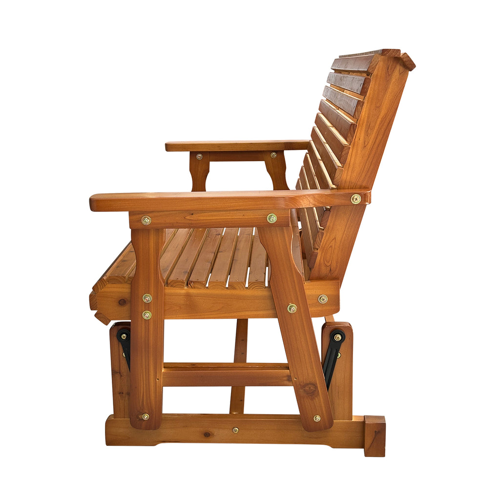 Wooden Patio Glider with High Roll Back and Deep Contoured Seat, Solid Fir Wood, 2-Seater, Heavy Duty 800 LBS, 4 Ft. (PU Brown)
