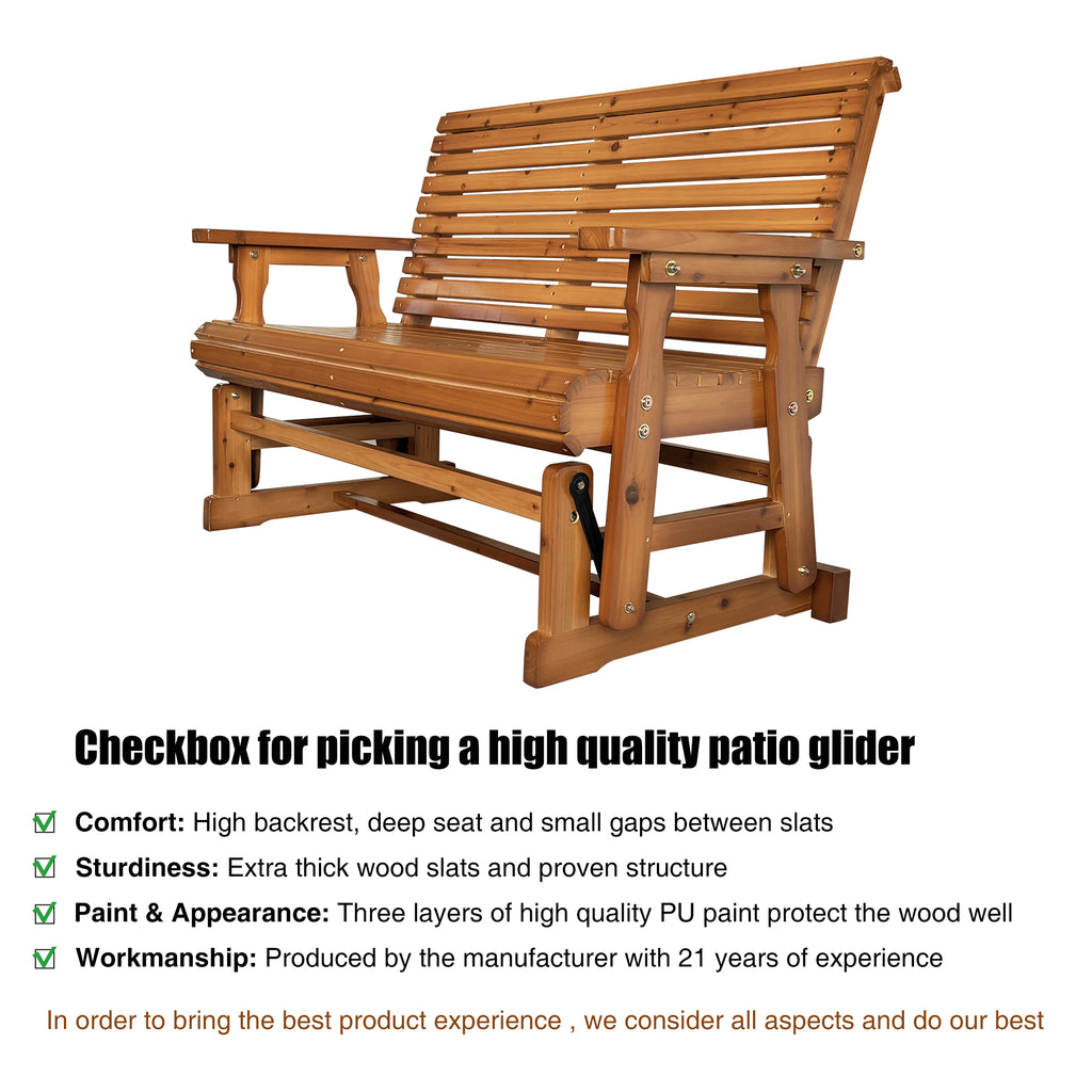 Wooden Patio Glider with High Roll Back and Deep Contoured Seat, Solid Fir Wood, 2-Seater, Heavy Duty 800 LBS, 4 Ft. (PU Brown)