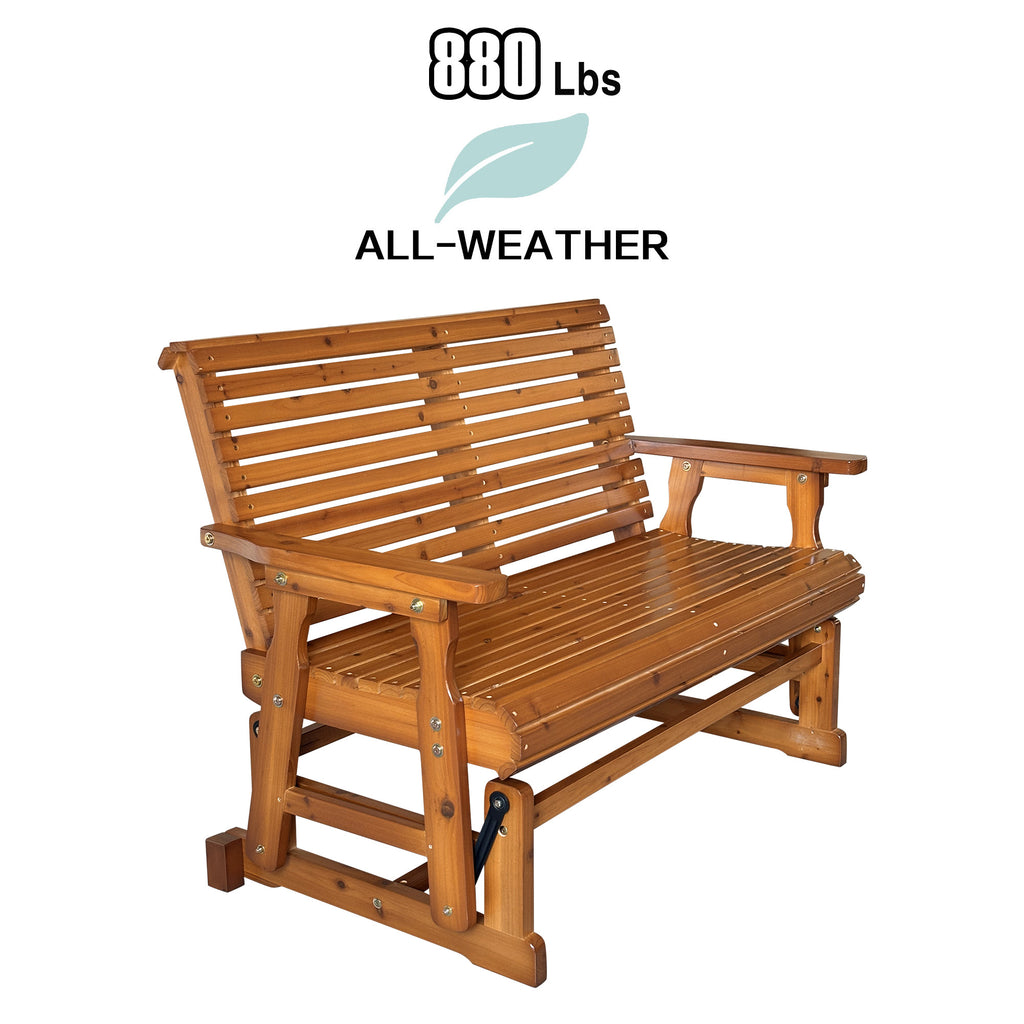 Wooden Patio Glider with High Roll Back and Deep Contoured Seat, Solid Fir Wood, 2-Seater, Heavy Duty 880 LBS, 4 Ft. (Cedar Tone PU)