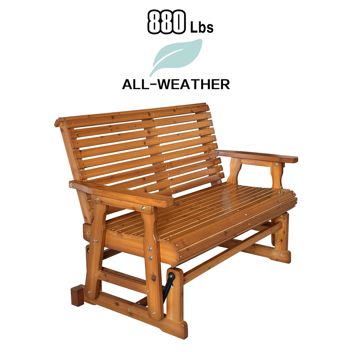 Wooden Patio Glider with High Roll Back and Deep Contoured Seat, Solid Fir Wood, 2-Seater, Heavy Duty 880 LBS, 4 Ft. (Cedar Tone PU)