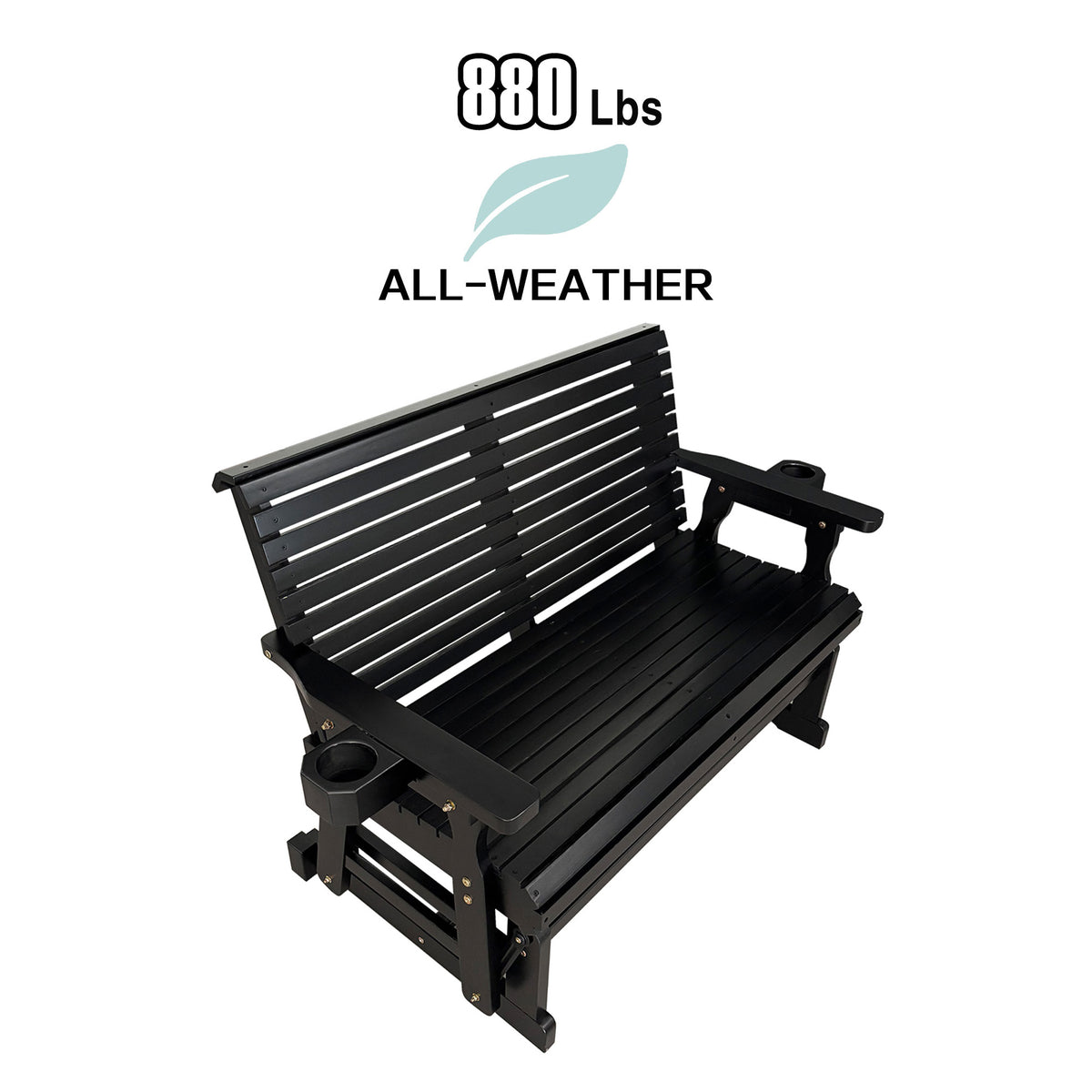 Fortune Candy Patio Glider with Cup Holders, High Roll Back and Deep Contoured Seat,Heavy Duty 880 Lb (Black, 2-Seater)