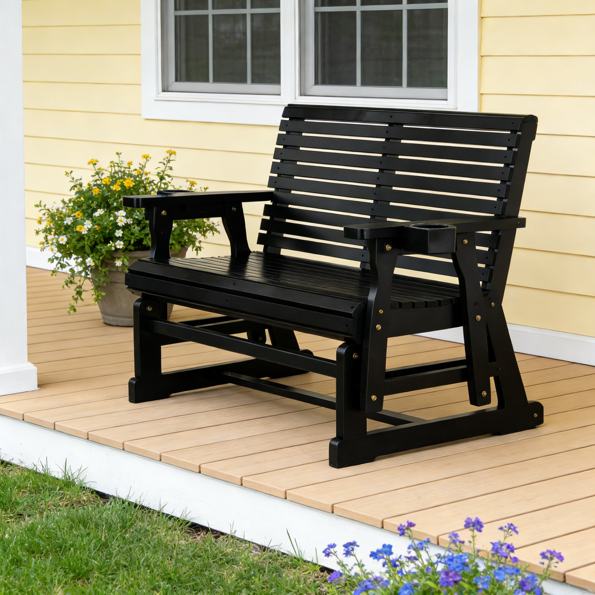 Fortune Candy Patio Glider with Cup Holders, High Roll Back and Deep Contoured Seat,Heavy Duty 800 Lb (Black, 2-Seater)