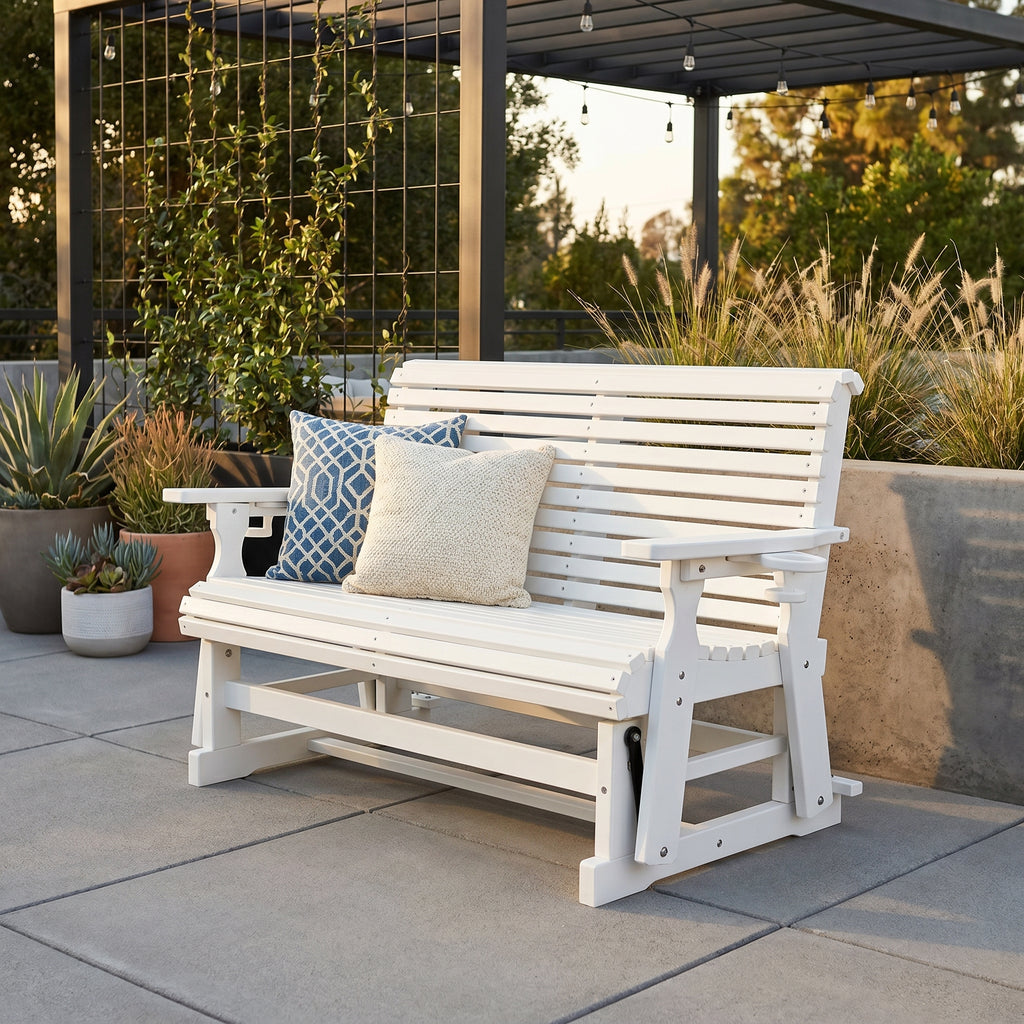 HDPE Patio Glider, Poly Lumber Weather-Resistant Outdoor Glider Bench, for Patio, Porch, Yard (Ivory White, 2-Seater)