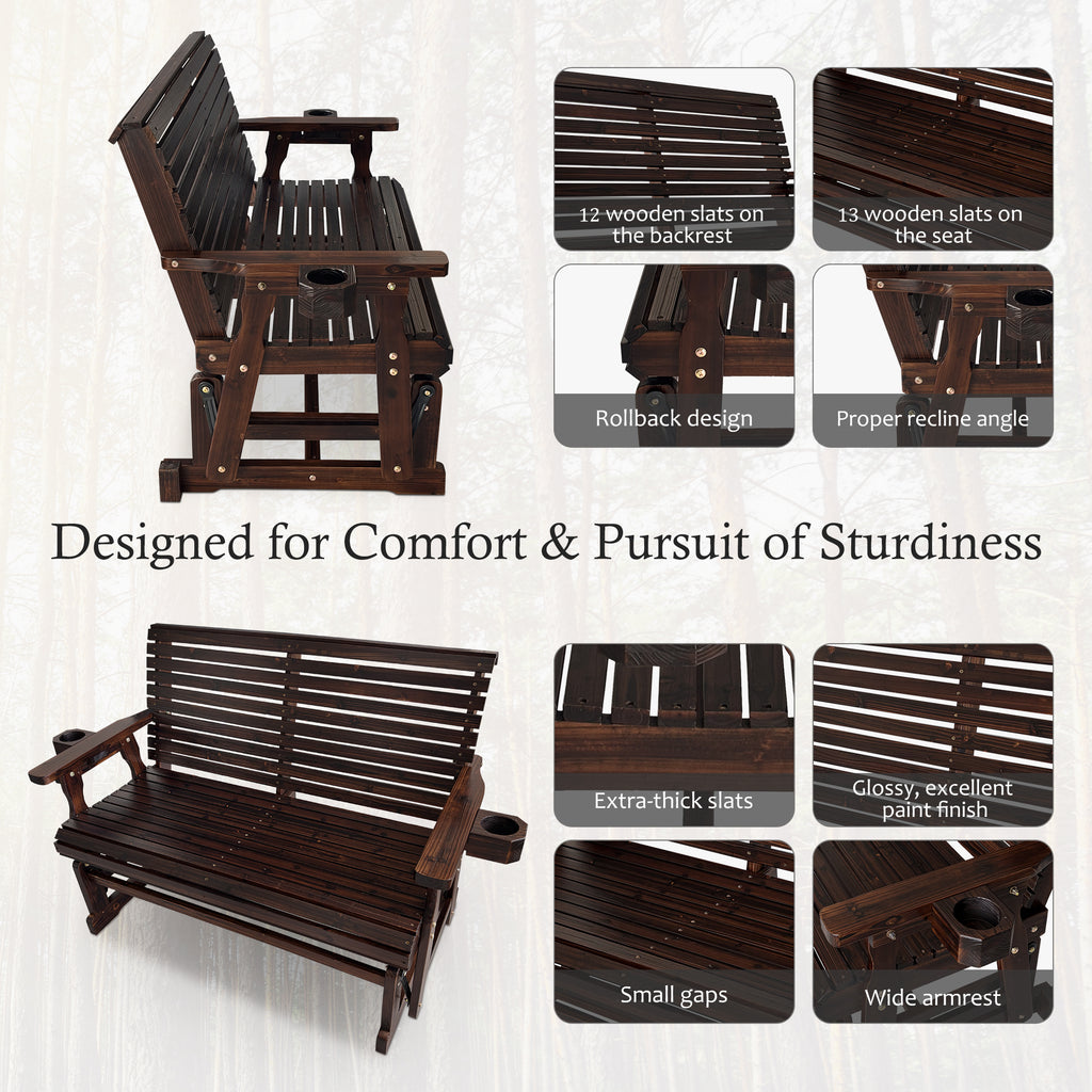 Fortune Candy Patio Glider with Cup Holders, High Roll Back and Deep Contoured Seat,Heavy Duty 800 Lb (Deep Brown, 2-Seater)